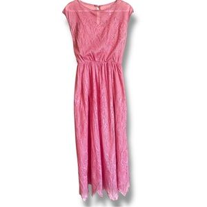 Vintage Union Made Pink Lace Prairie Midi Dress 70s Cottagecore Romantic Dress